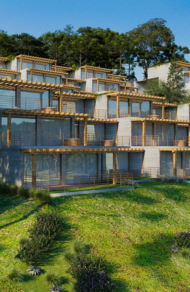 Resort de luxo em meio à natureza, com arquitetura moderna em terraços e estrutura de madeira e vidro.